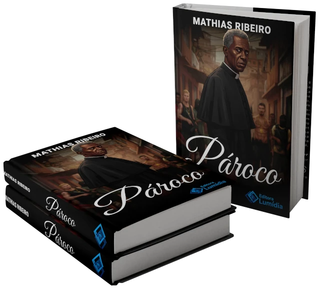 Capa do livro Pároco, um thriller de Mathias Ribeiro, mostrando um padre em meio a uma favela.